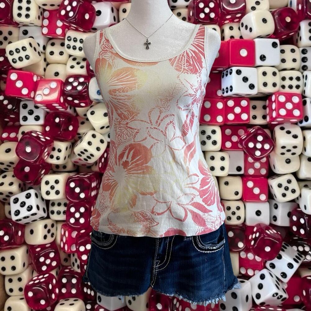 coral and yellow tropical hibiscus print white y2k tank top